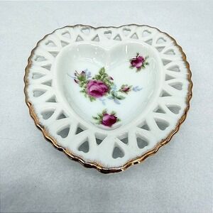 Lefton China Heart Trinket Dish Hand Painted Roses Gold Lattice Trim VTG Small